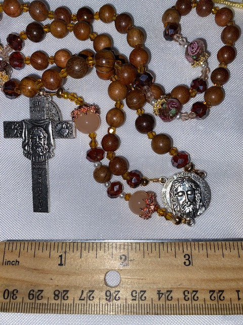 Stunning Earth Tone Handmade Rosary with Velvet Case - Silver-tone Holy Face Centerpiece & Crucifix - Miraculous Medal