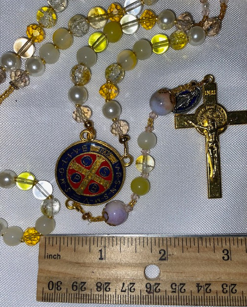 Beautiful Yellow tone  Handmade Rosary with Velvet Case - 1" Gold-tone St. Benedict Centerpiece & Crucifix - Miraculous Medal