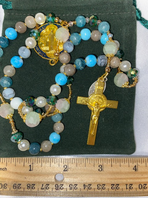 Charming Green/Turquoise Handmade Rosary with Velvet Case - 1" Gold-tone St. Benedict Centerpiece & Crucifix - Miraculous Medal