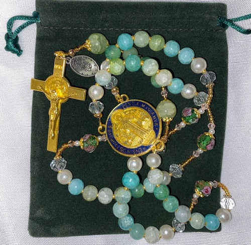 Delightful Green Tone Handmade Rosary with Velvet Case - 1" Gold-tone St. Benedict Centerpiece & Crucifix - Miraculous Medal