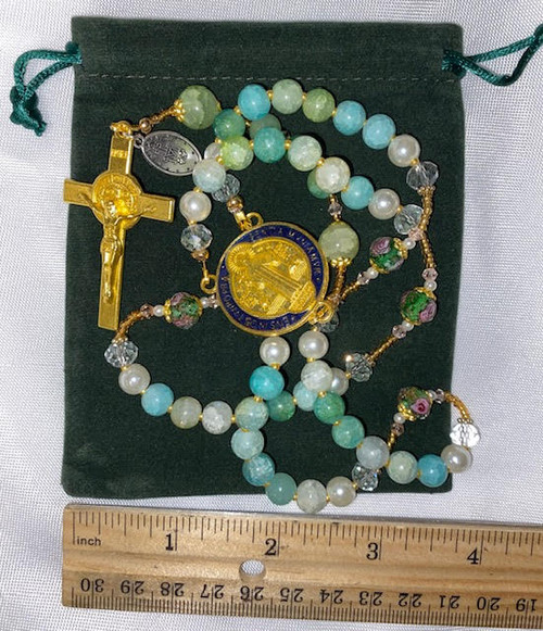 Delightful Green Tone Handmade Rosary with Velvet Case - 1" Gold-tone St. Benedict Centerpiece & Crucifix - Miraculous Medal
