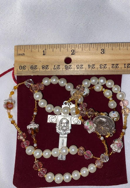Lovely Feminine Handmade Rosary with Velvet Case - Silver-tone Holy Face Centerpiece & Crucifix - Miraculous Medal
