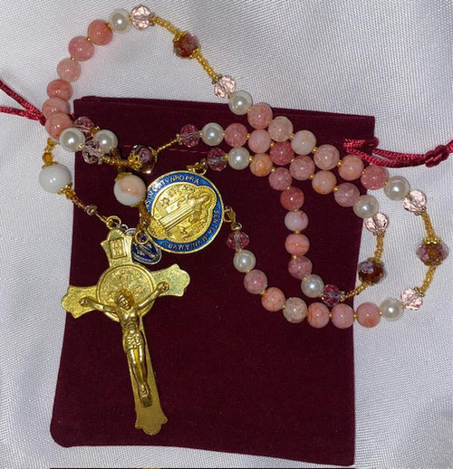 Exquisite Mauve/Pink Tones Handmade Rosary with Velvet Case - 1" Gold-tone St. Benedict Centerpiece & 3" St. Benedict Crucifix - Miraculous Medal