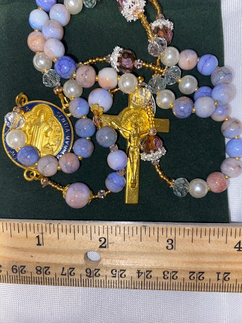 Lovely Muted Blues Handmade Rosary with Velvet Case - 1" Gold-tone St. Benedict Centerpiece & Crucifix - Miraculous Medal