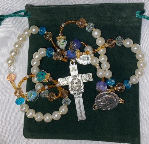 Lovely  White/Pink/Turquoise Handmade Rosary with Velvet Case - Silver-tone Holy Face Centerpiece & Crucifix - Miraculous Medal
