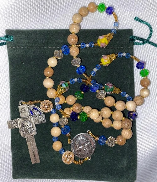 Lovely  Light Brown/Blue/Green Handmade Rosary with Velvet Case - Silver-tone Holy Face Centerpiece & Crucifix - Miraculous Medal