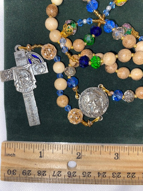 Lovely  Light Brown/Blue/Green Handmade Rosary with Velvet Case - Silver-tone Holy Face Centerpiece & Crucifix - Miraculous Medal