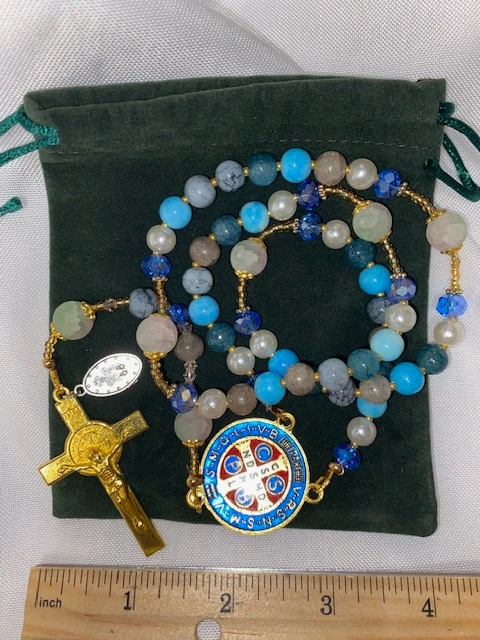 Lovely Blues & Grey Handmade Rosary with Velvet Case - 1" Gold-tone St. Benedict Centerpiece & Crucifix - Miraculous Medal