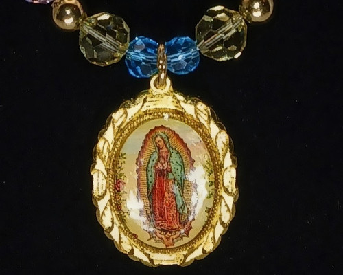 Unique gold plated enamel Medal of Our Lady of Guadalupe crystal glass beads Necklace