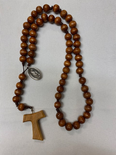 Vintage Wood Bead Franciscan Rosary with Tau Cross - Newly Strung on Strong Brown Cord