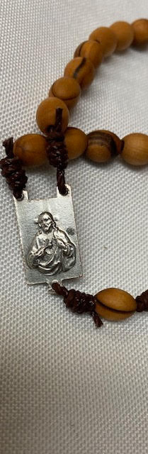 Unique Rosary!  Mix of Old & New! Vintage Sacred Heart Centerpiece/Crucifix restrung with Holy Land Olive Wood Beads on Strong Brown Cord