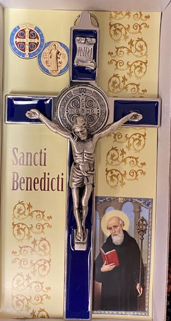 7.5" Silver St. Benedict Wall Crucifix with Blue Enamel