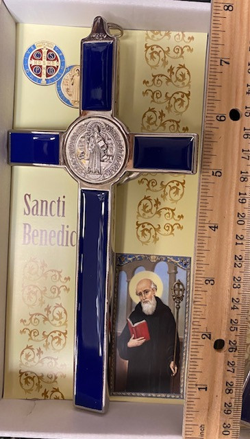 7.5" Silver St. Benedict Wall Crucifix with Blue Enamel