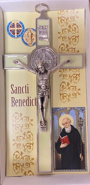 7.5" Silver St. Benedict Wall Crucifix with Luminous Enamel