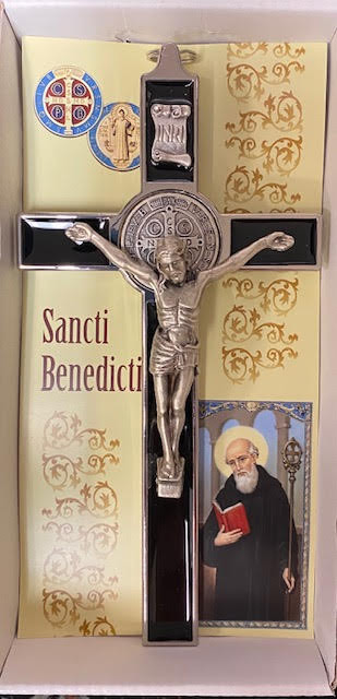 7.5" Silver St. Benedict Wall Crucifix with Black Enamel