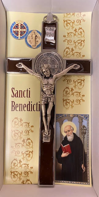 7.5" Silver St. Benedict Wall Crucifix with Brown Enamel