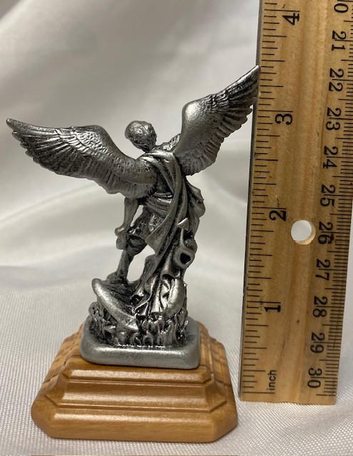 Italian Statue St. Michael Silver-tone on Olivewood Base