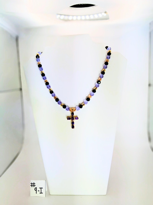 18 karat Gold Filled Purple Oval Cubic Zirconia Crystal Cross Pendant - 18 inch Princess Necklace