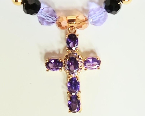 18 karat Gold Filled Purple Oval Cubic Zirconia Crystal Cross Pendant - 18 inch Princess Necklace