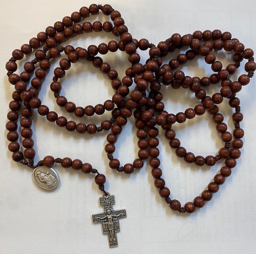 Twenty Decade Wooden Bead Rosary with San Damiano Crucifix and St. Francis Medal