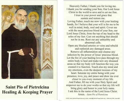 Saint Padre Pio Healing and Keeping Prayer Card--3" x 5" size