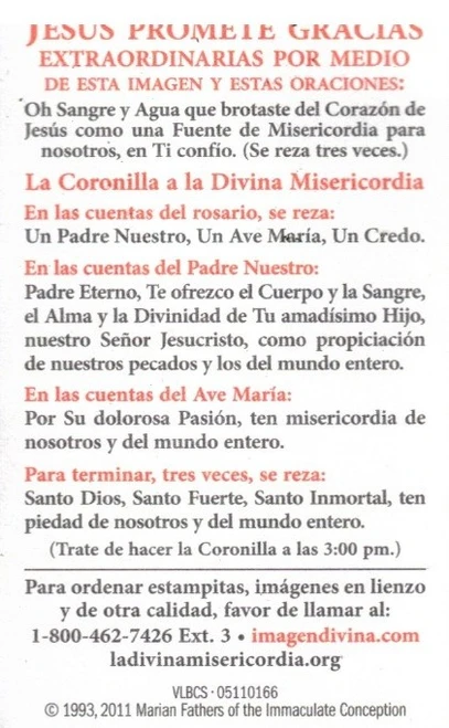 Inexpensive Divine Mercy Chaplet Prayer Card, black background Vilnius Image, Spanish
