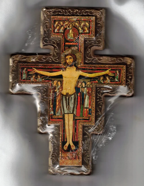 9" San Damiano 3-D Wall Crucifix Heavy Wood Gold Border