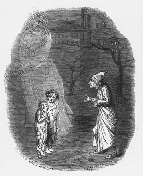 Scrooge and the children, original illustration from A Christmas Carol by Charles Dickens