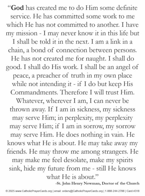 Saint John Henry Cardinal Newman Created for Mission Prayer Card - Doctor of the Church