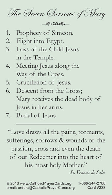 Our Lady of Sorrows Prayer Card with Seven Sorrows of the Blessed Mother