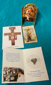 Set of 4 Franciscan items - cardboard triptych, 2 holy cards, "PGR" silver-toned charm