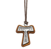 Olive Wood Tau Cross with Silver Oxidized Tau Inlay Cross on 31" Cord