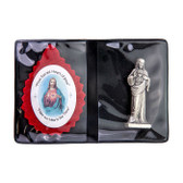 2 1/4" Sacred Heart Badge with Metal 1 3/4" Sacred Heart of Jesus Statue in Folding Pocket Case.