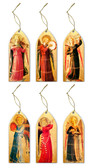 This Angel Ornament Bundle contains six ornaments, each printed with a unique image of a Fra Angelico angel. 

Yesterday's timeless art is reawakened by today's technology.  Nelson laser-cut wood ornaments utilize our unique printing technology to create a smooth, glossy finish with a "no paper, no peel" exterior.  All laser-cut ornaments are 1/8" thick and come with a pre-tied satin ribbon* for hanging.  Guaranteed to impress, our ornaments make excellent gifts with their winning combination of quality and beauty. 

 *Ribbon colors will vary.