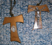 Hand crafted wooden tau pendant with corpus and Miraculous Medal