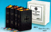 Four volume Liturgy of the Hours with gold edged pages and black leather binding