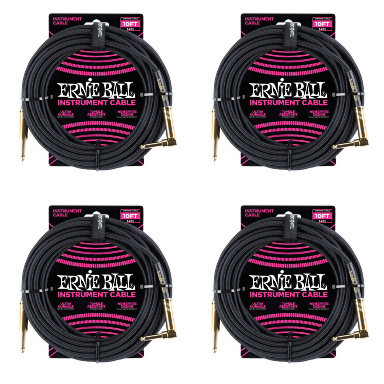 4 Pack Ernie Ball 10' Braided Straight / Angle Instrument Cable - Black  w/Gold Connectors - P06081 - Liberty Music