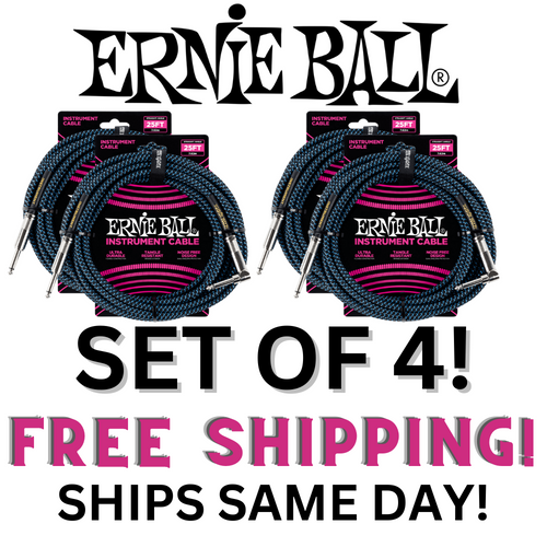 4 Pack Ernie Ball 25' Braided Straight / Angle Instrument Cable - Black / Blue   - P06060
