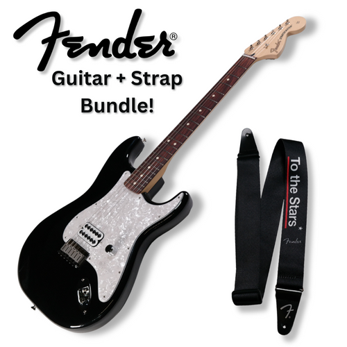 Fender Limited Edition Tom Delonge Stratocaster, Rosewood Fingerboard, Black With ''To The Stars'' Strap Bundle - IN STOCK NOW - 778