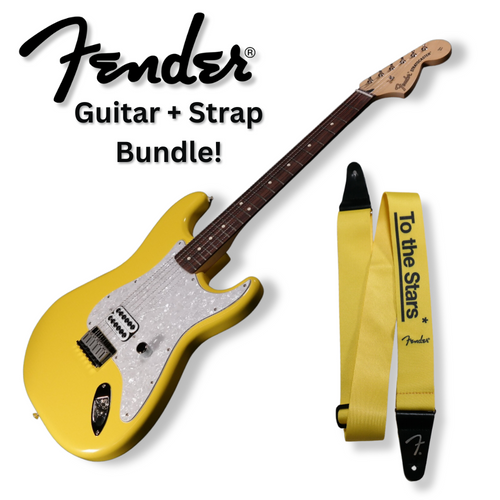 Fender Limited Edition Tom Delonge Stratocaster, Rosewood Fingerboard, Graffiti Yellow With ''To The Stars'' Strap Bundle - IN STOCK NOW - 936