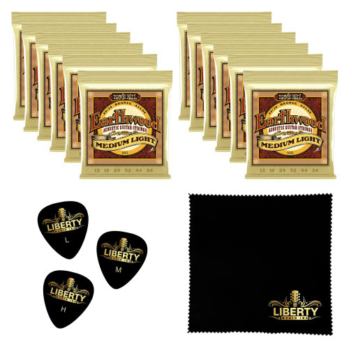 12 Sets Ernie Ball Earthwood Medium Light 80/20 Bronze Acoustic Guitar Strings 3-pack, 12-54 Gauge Plus Bonus Liberty Music Polishing Cloth and 3 Assorted Guitar Picks