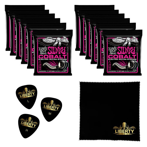 12 Sets Ernie Ball Super Slinky Cobalt Electric Guitar Strings - 9-42 Gauge Plus Bonus Liberty Music Polishing Cloth and 3 Assorted Guitar Picks