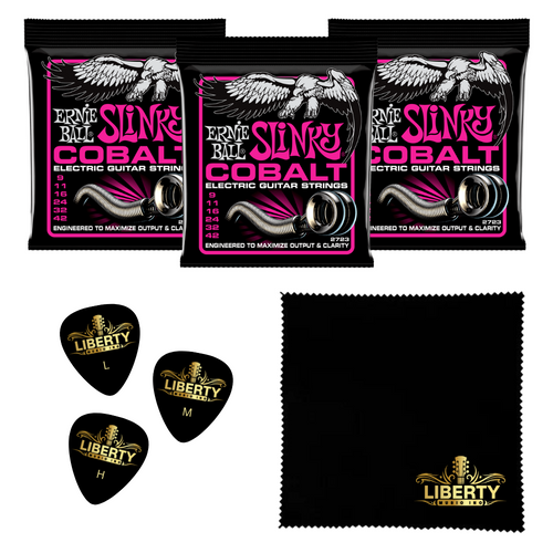 3 Sets Ernie Ball Super Slinky Cobalt Electric Guitar Strings - 9-42 Gauge Plus Bonus Liberty Music Polishing Cloth and 3 Assorted Guitar Picks