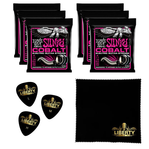 6 Sets Ernie Ball Super Slinky Cobalt Electric Guitar Strings - 9-42 Gauge Plus Bonus Liberty Music Polishing Cloth and 3 Assorted Guitar Picks
