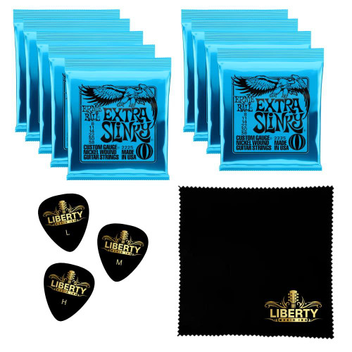 9 SETS Ernie Ball Extra Slinky Nickel Wound Electric Guitar Strings - 8-38 Gauge Plus Bonus Liberty Music Polishing Cloth and 3 Assorted Guitar Picks