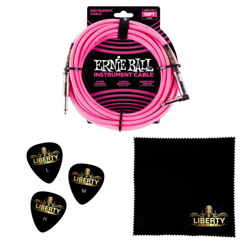 Ernie Ball 10' Braided Straight/Angle Instrument Cable - Neon Pink - P06078 - Plus Bonus Liberty Music Polishing Cloth and 3 Assorted Guitar Picks