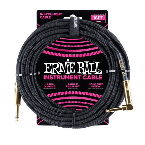 Ernie Ball 18' Braided Straight / Angle Instrument Cable - Black w/Gold Connectors - P06086