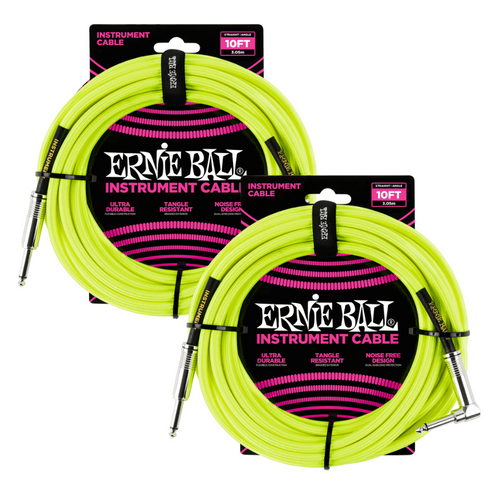 2 Pack Ernie Ball 10' Braided Straight / Angle Instrument Cable Neon - Yellow - P06080