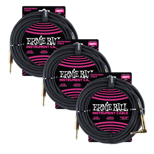 3 Pack Ernie Ball 10' Braided Straight / Angle Instrument Cable - Black w/Gold Connectors - P06081