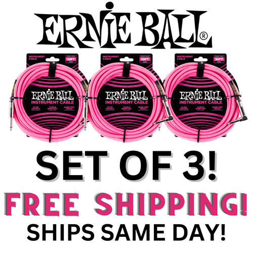 3 Pack Ernie Ball 10' Braided Straight / Angle Instrument Cable - Neon Pink - P06078